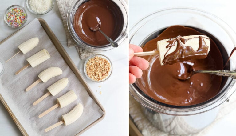 coating the frozen banana in melted chocolate.