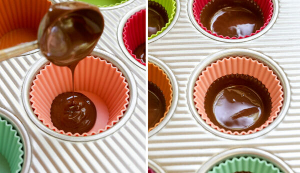 chocolate added to muffin cups.