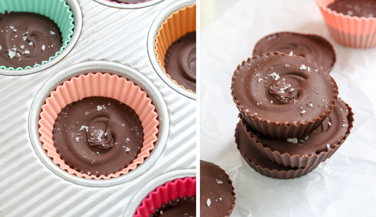 chilled almond butter cups removed from muffin liner.