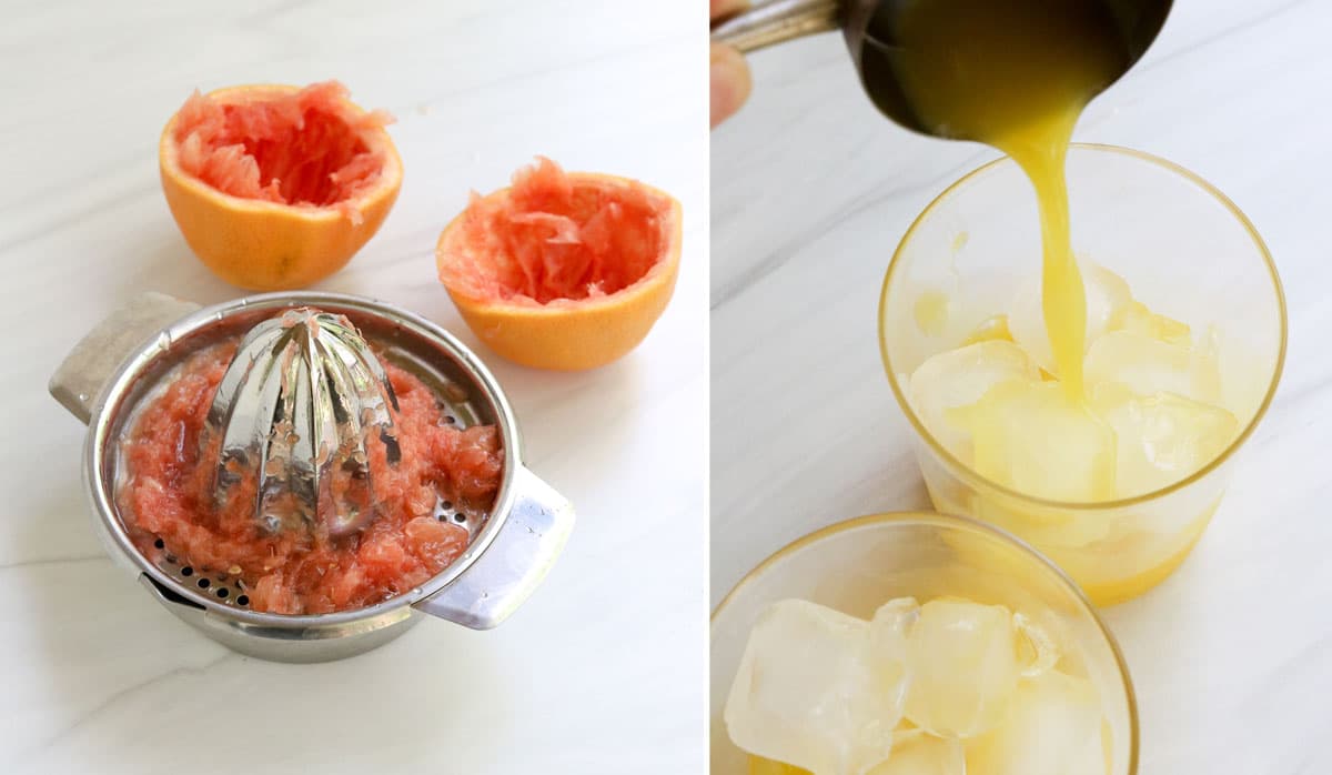 grapefruit juiced and orange juice added to glass.