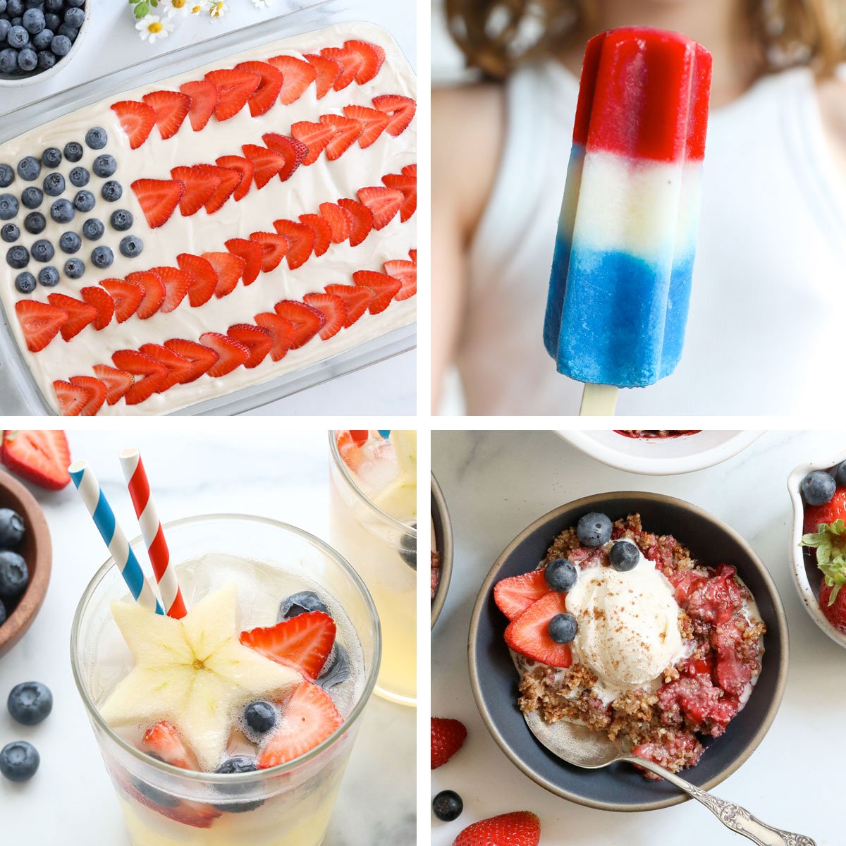 flag cake, popsicle, mocktail, and berry crisp for fourth of july. 