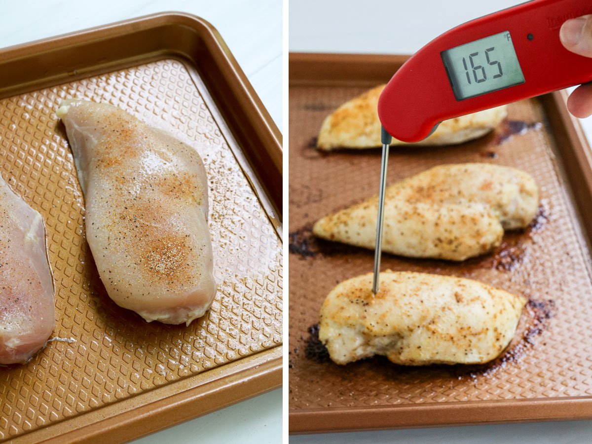 cooked chicken breasts on pan checked with thermometer.