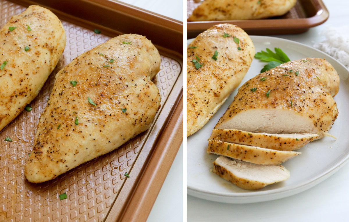 baked chicken resting on pan and sliced on plate.