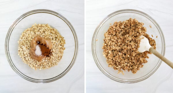 granola ingredients mixed together in glass bowls.