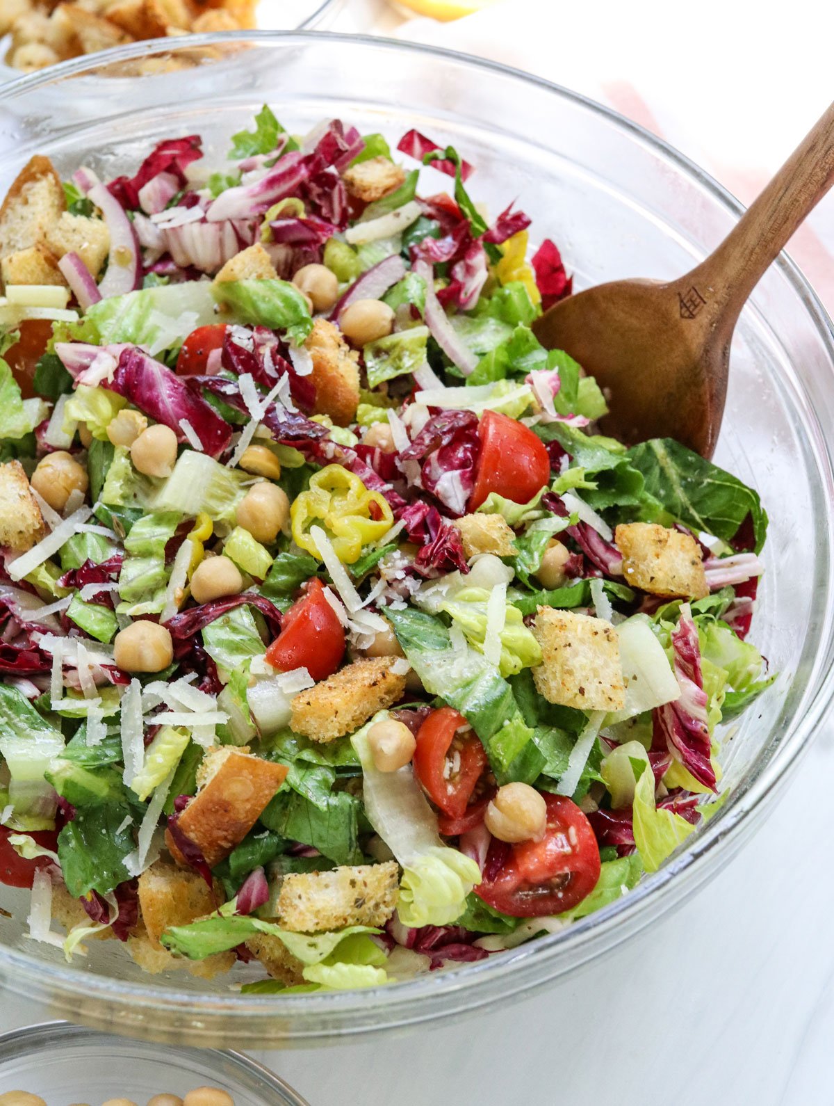 italian salad in large glass bowl.