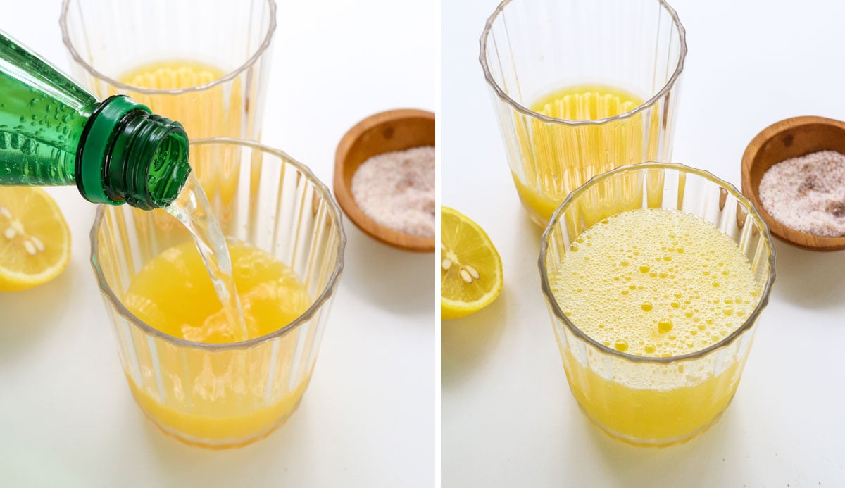 orange juice and mineral water added to 2 glasses.