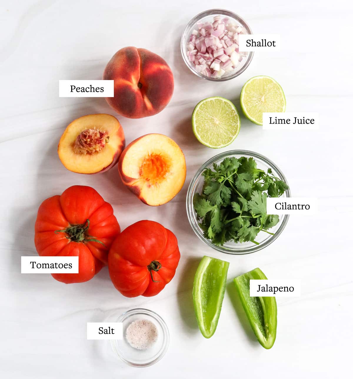 peach salsa ingredients labeled on white surface.