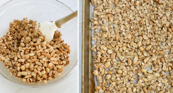 peanuts added to bowl and granola spread out on pan.