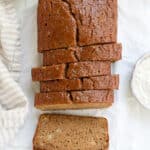banana bread sliced on parchment paper.
