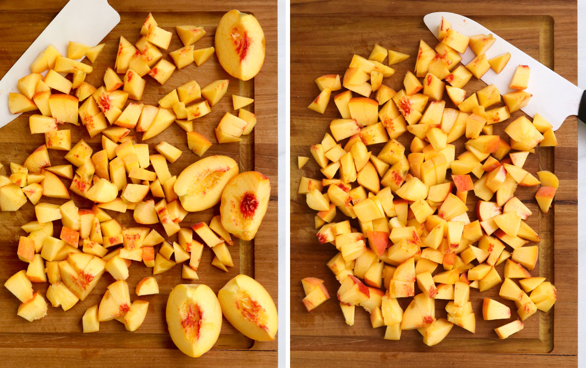 peaches chopped on cutting board.