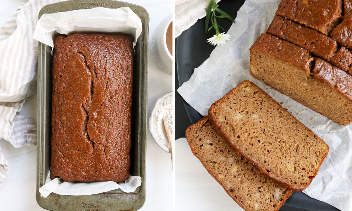 buckwheat banana bread baked and sliced.