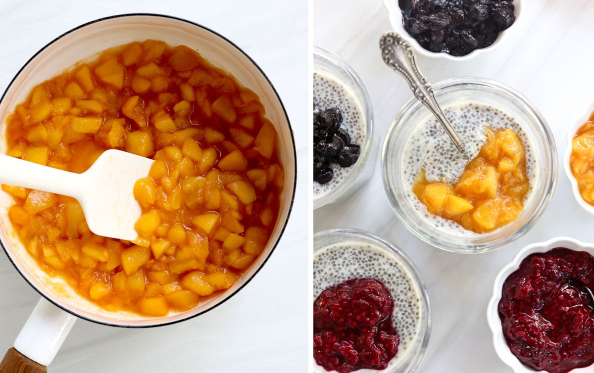 finished peach compote served on chia pudding.