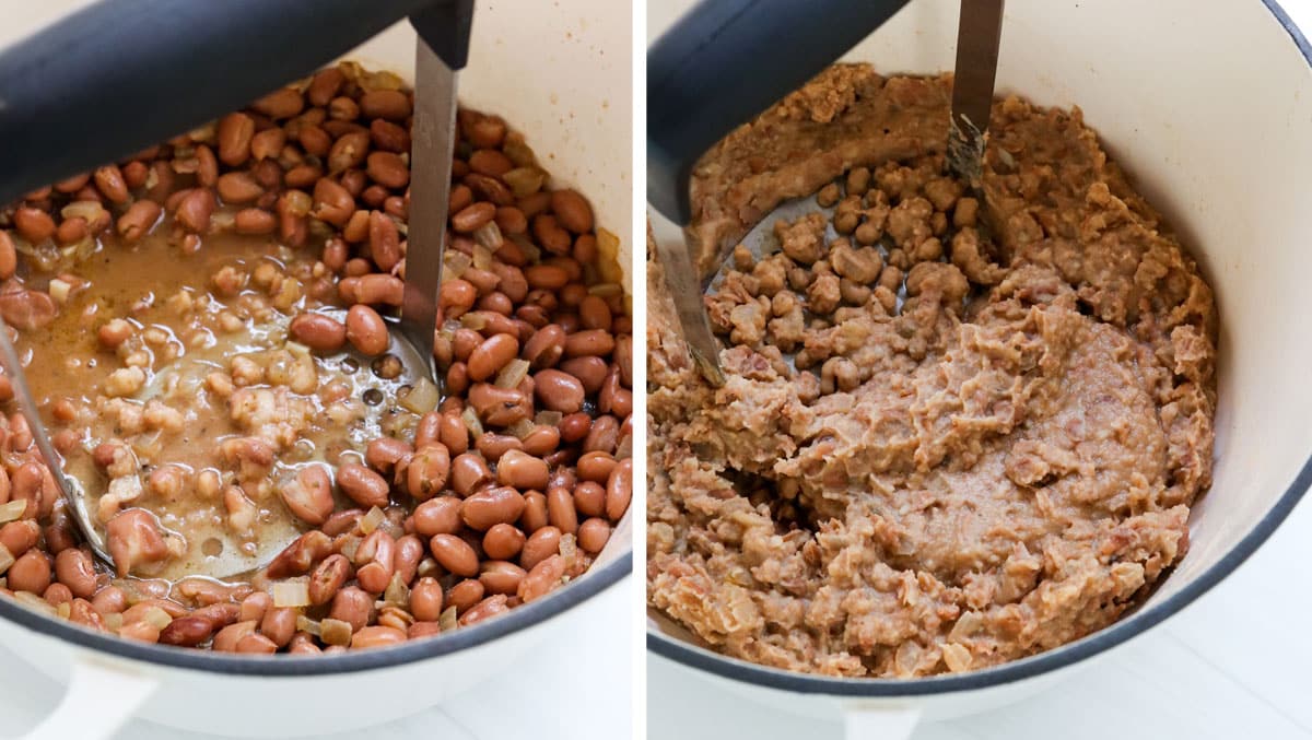pinto beans mashed with potato masher.
