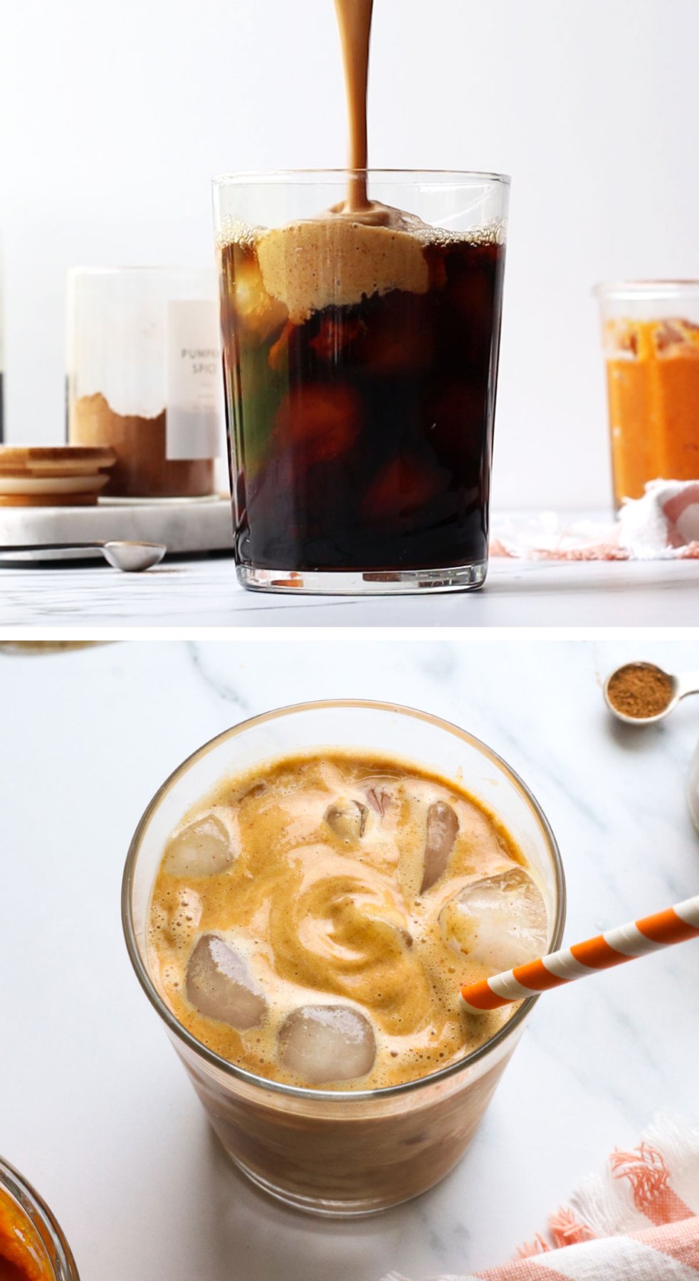 pumpkin creamer poured over cold brew and stirred to be creamy. 