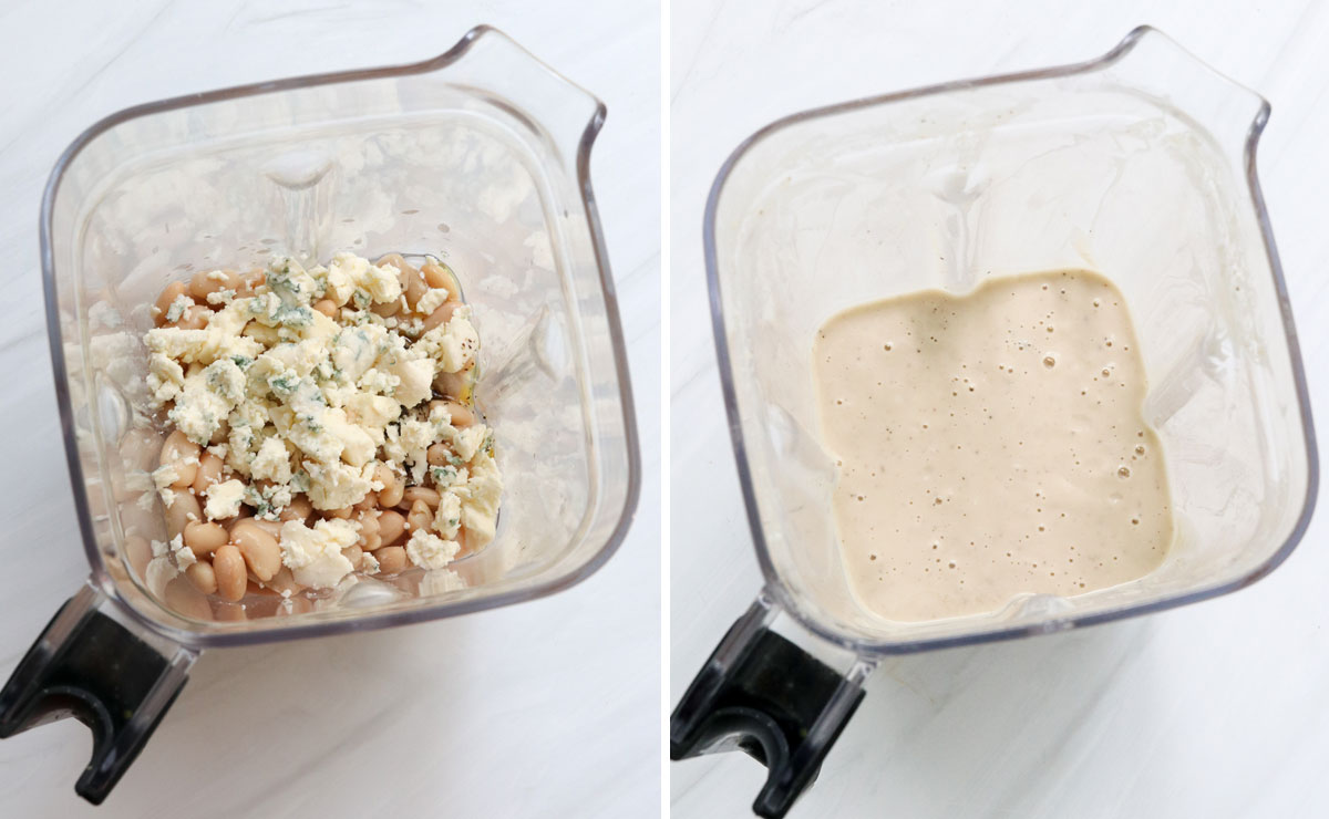 blue cheese dressing ingredients blended together in pitcher.