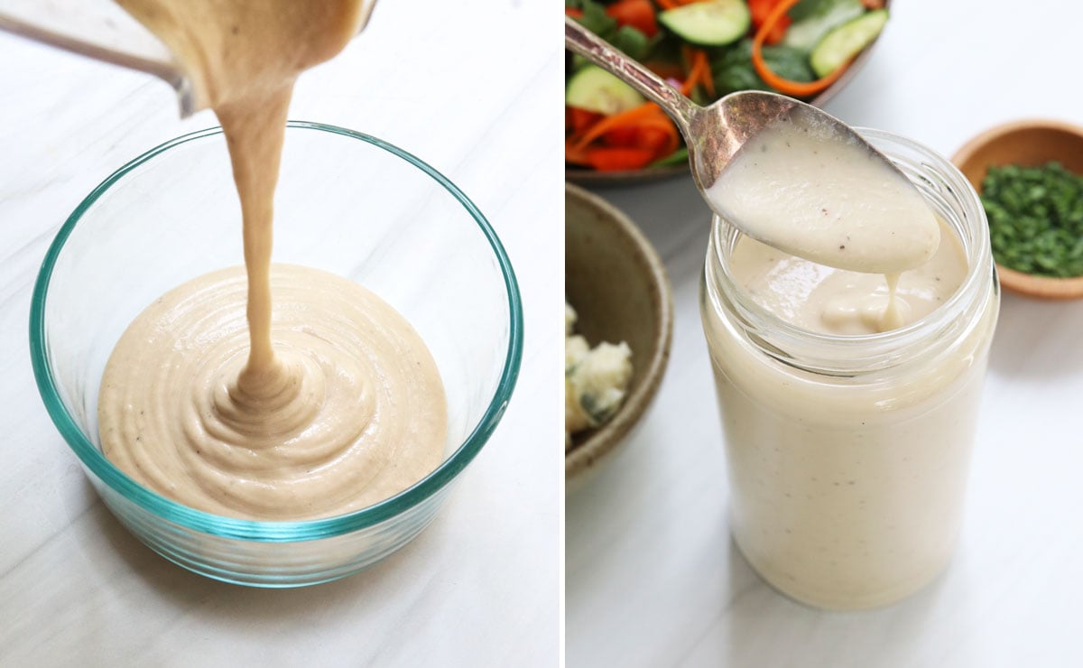 blue cheese dressing poured into storage container.