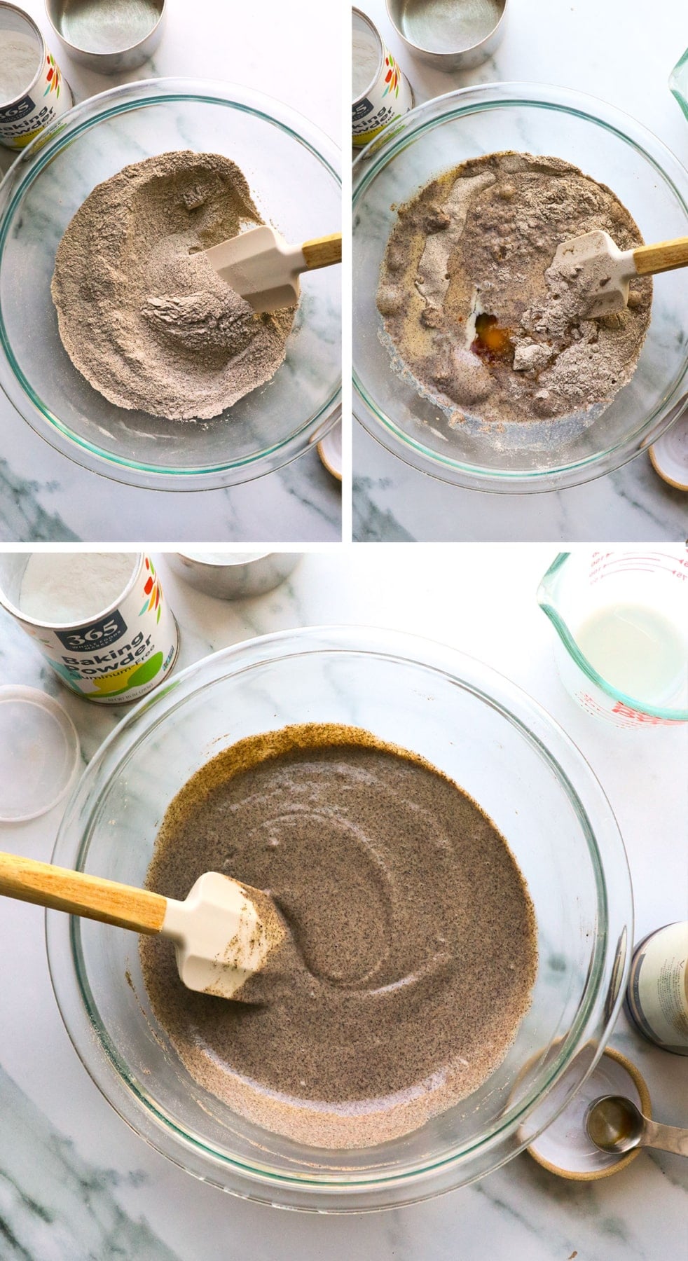 buckwheat waffle batter mixed in a large glass bowl. 