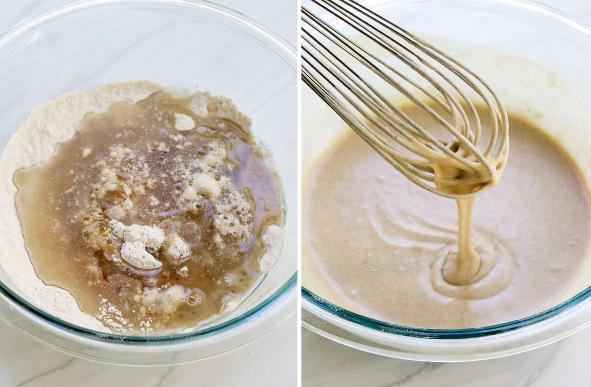 wet ingredients added and dripping off a whisk in mixing bowl.