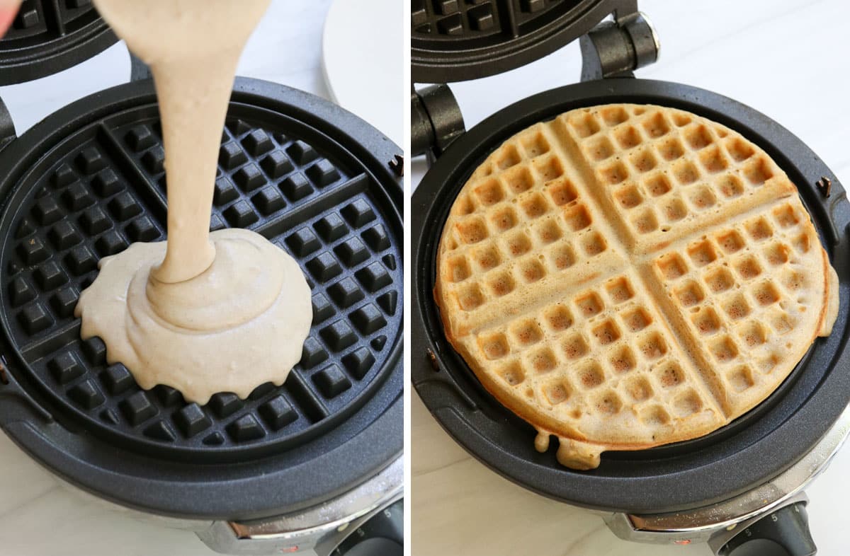 batter added to waffle iron and cooked waffle.