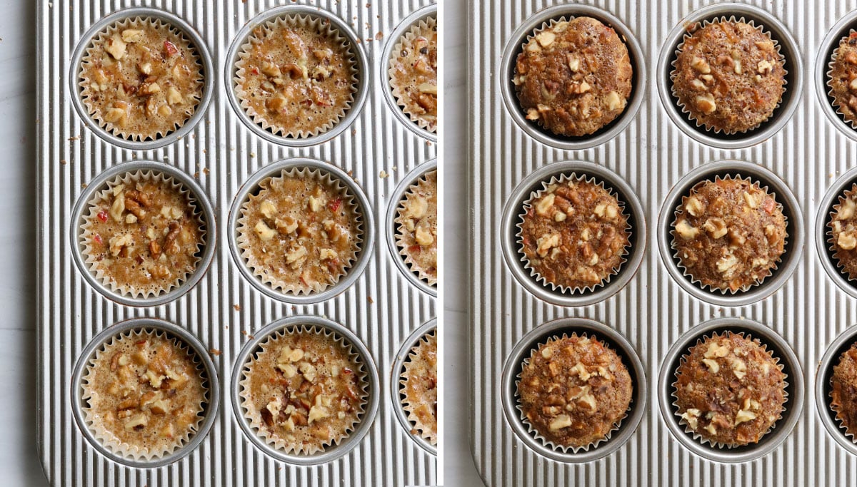 apple muffins in pan before and after baking.