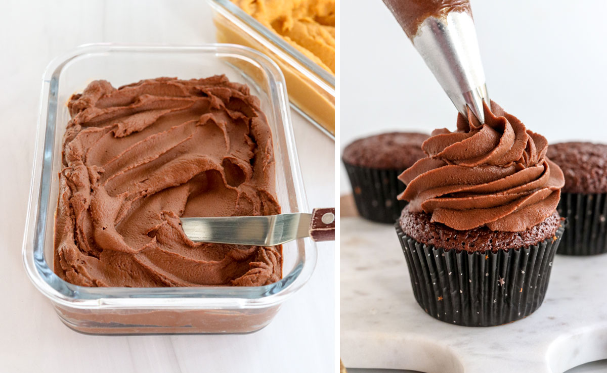 chocolate sweet potato frosting added to cupcakes.