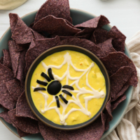 vegan queso with a spider web of sour cream on top.