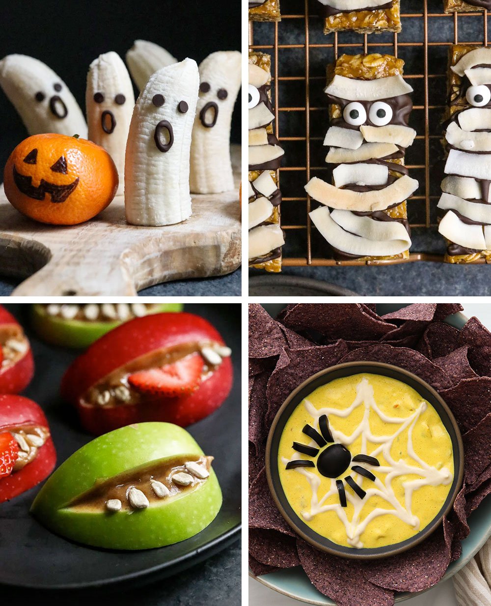 healthy halloween food ideas like banana ghosts and apple monster mouths.