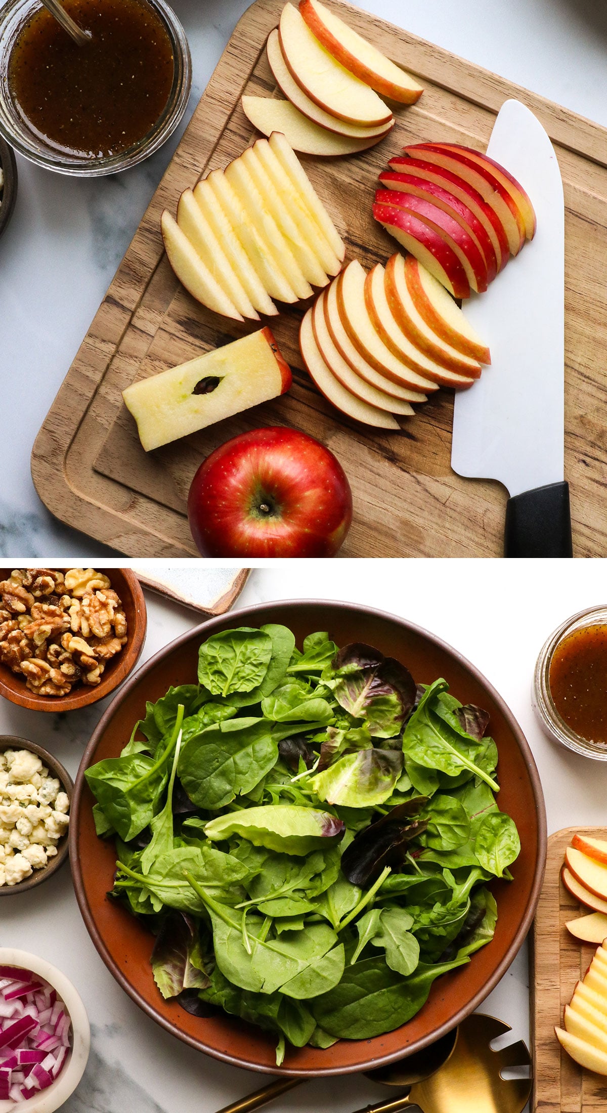 mixed greens added to a bowl and thinly sliced apple.
