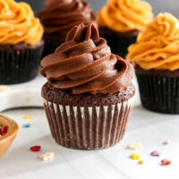 chocolate cupcakes topped with sweet potato frosting.
