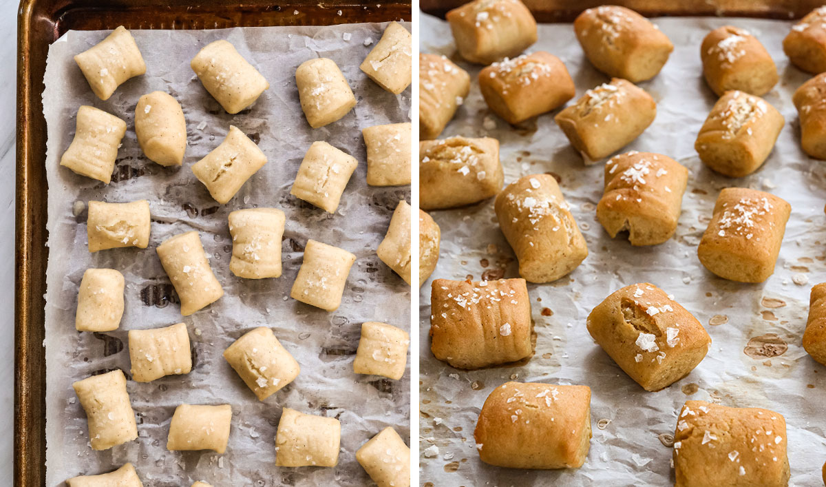 pretzels before and after baking on pan.