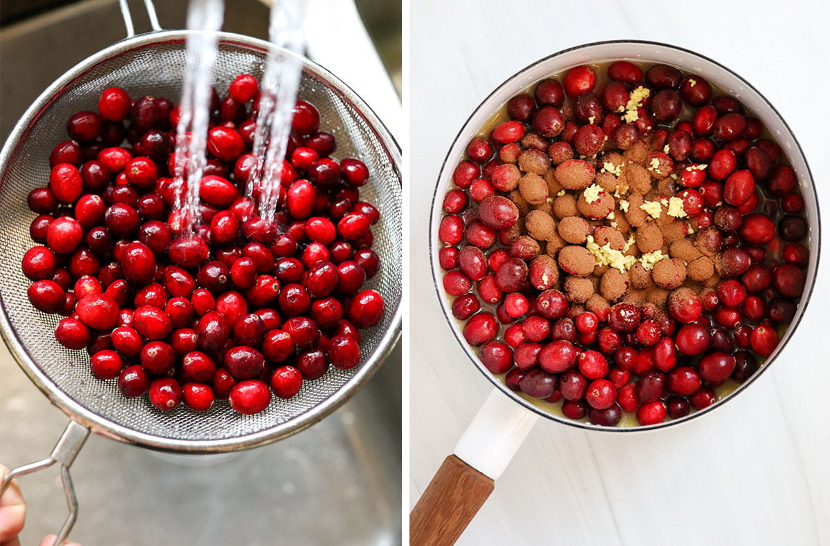 cranberries rinsed and added to pan.