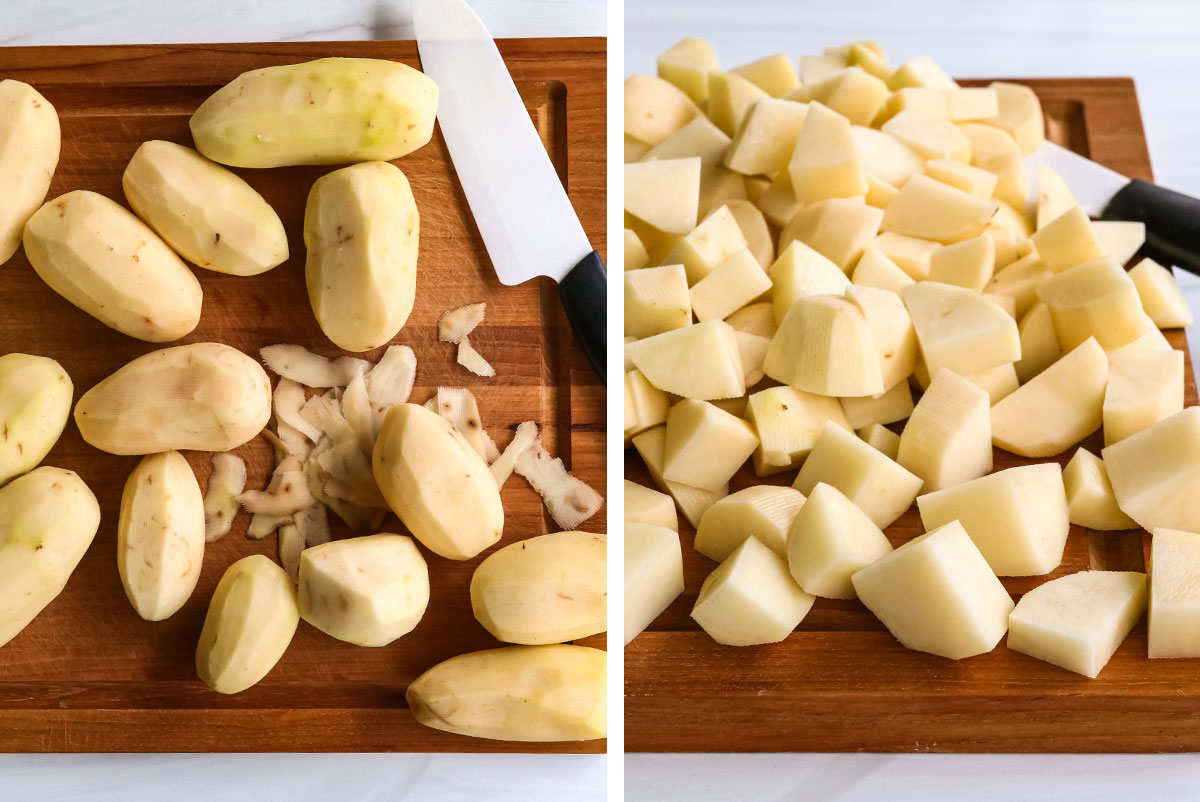 patate tagliate e sbucciate su un tagliere.