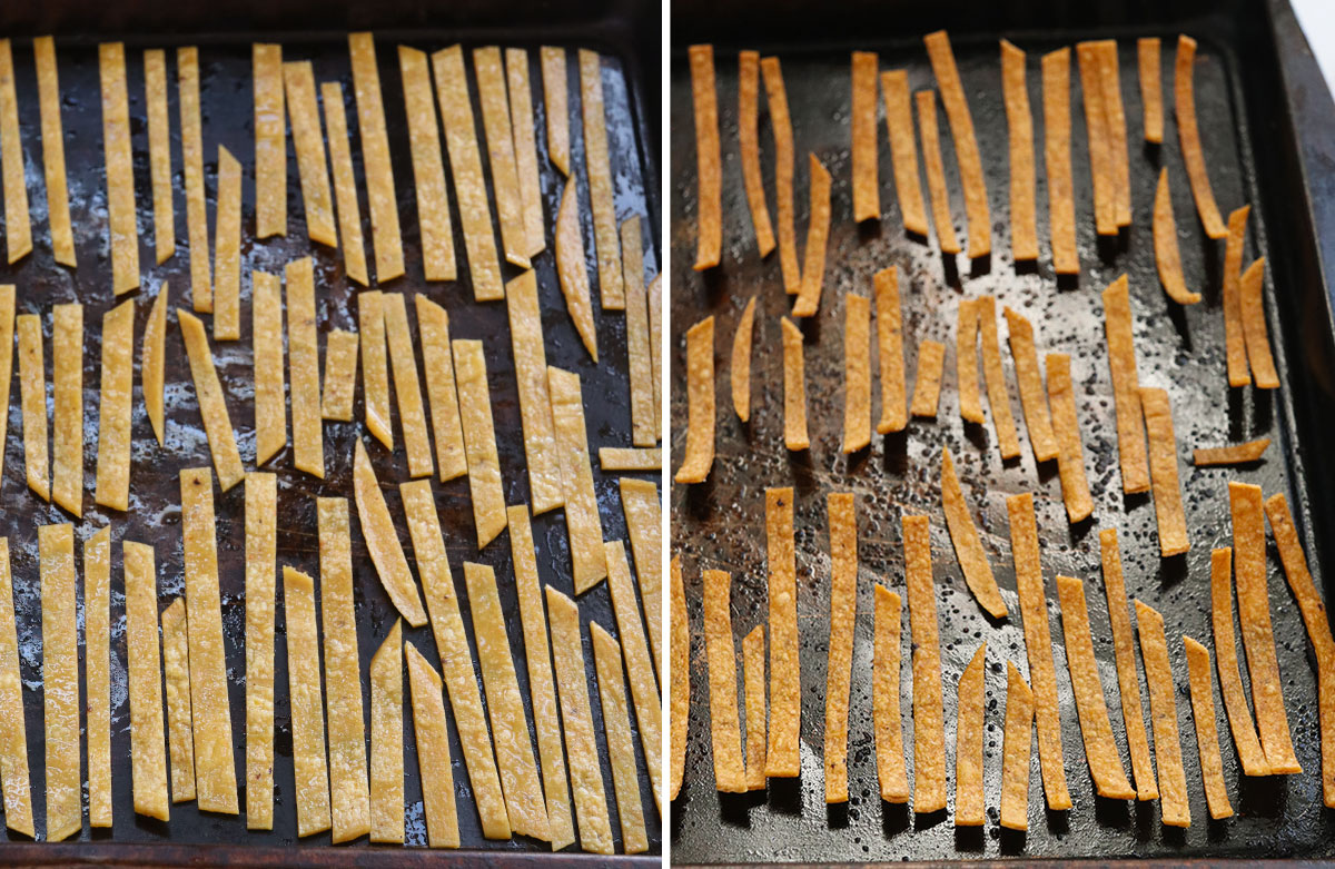tortilla strips before and after cooking.