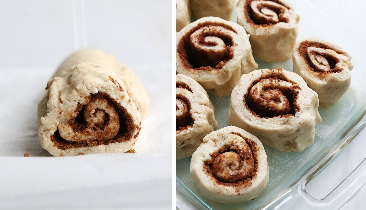 sliced cinnamon roll close up and added to pan.