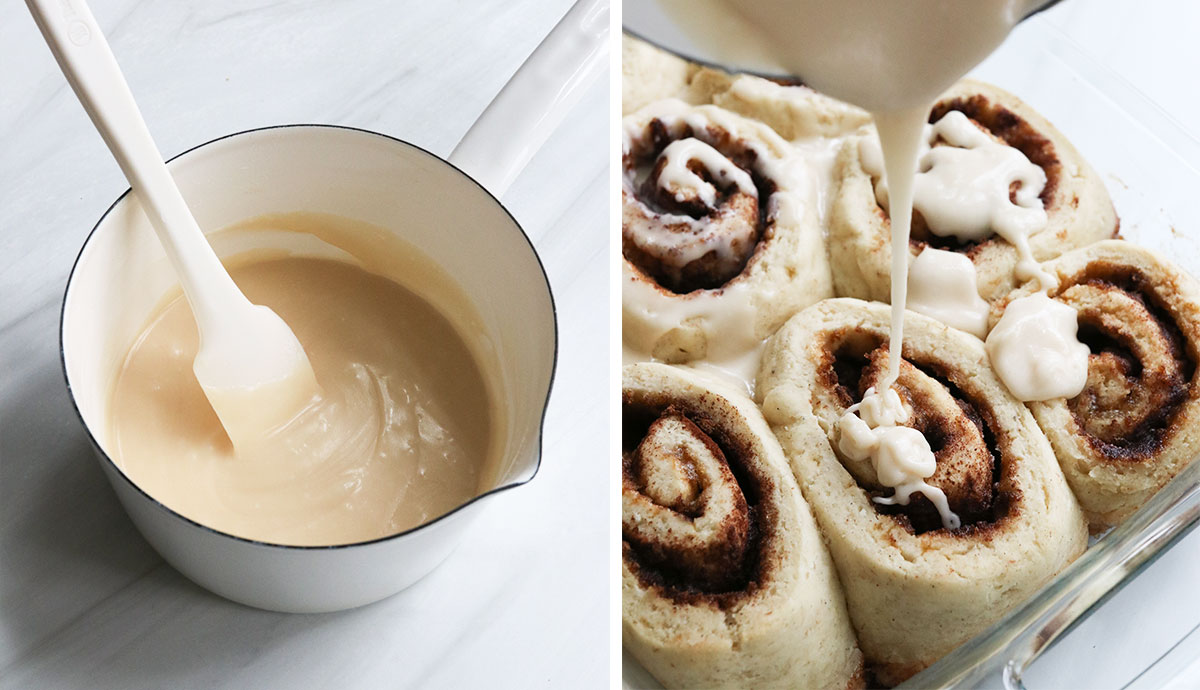 frosting mixed in saucepan and added to cinnamon rolls in pan.