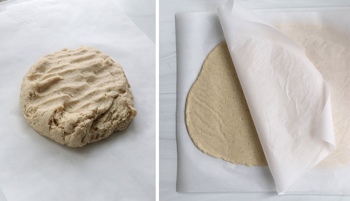 dough rolled between parchment paper.