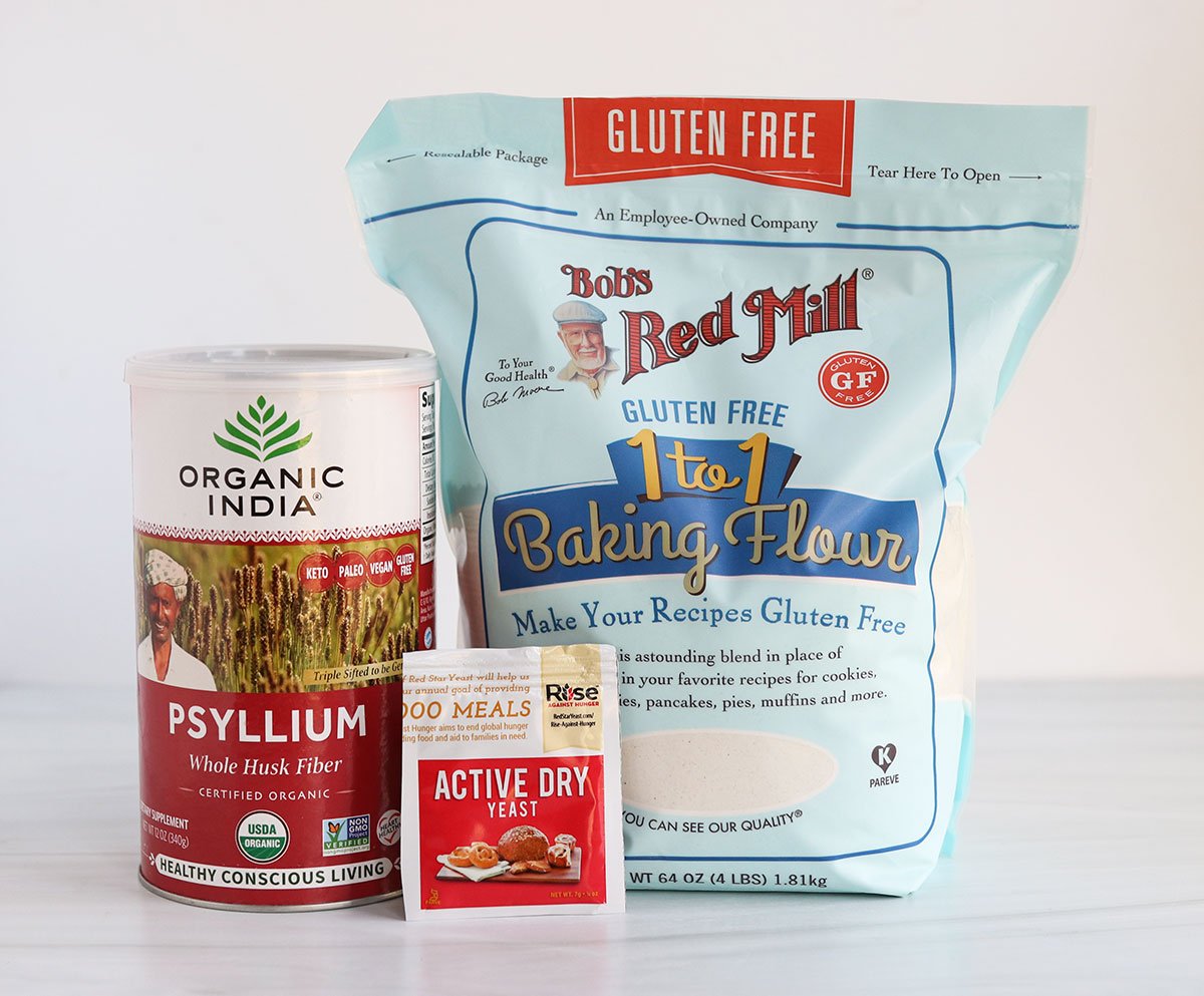 baking flour and psyllium husk packages on counter.