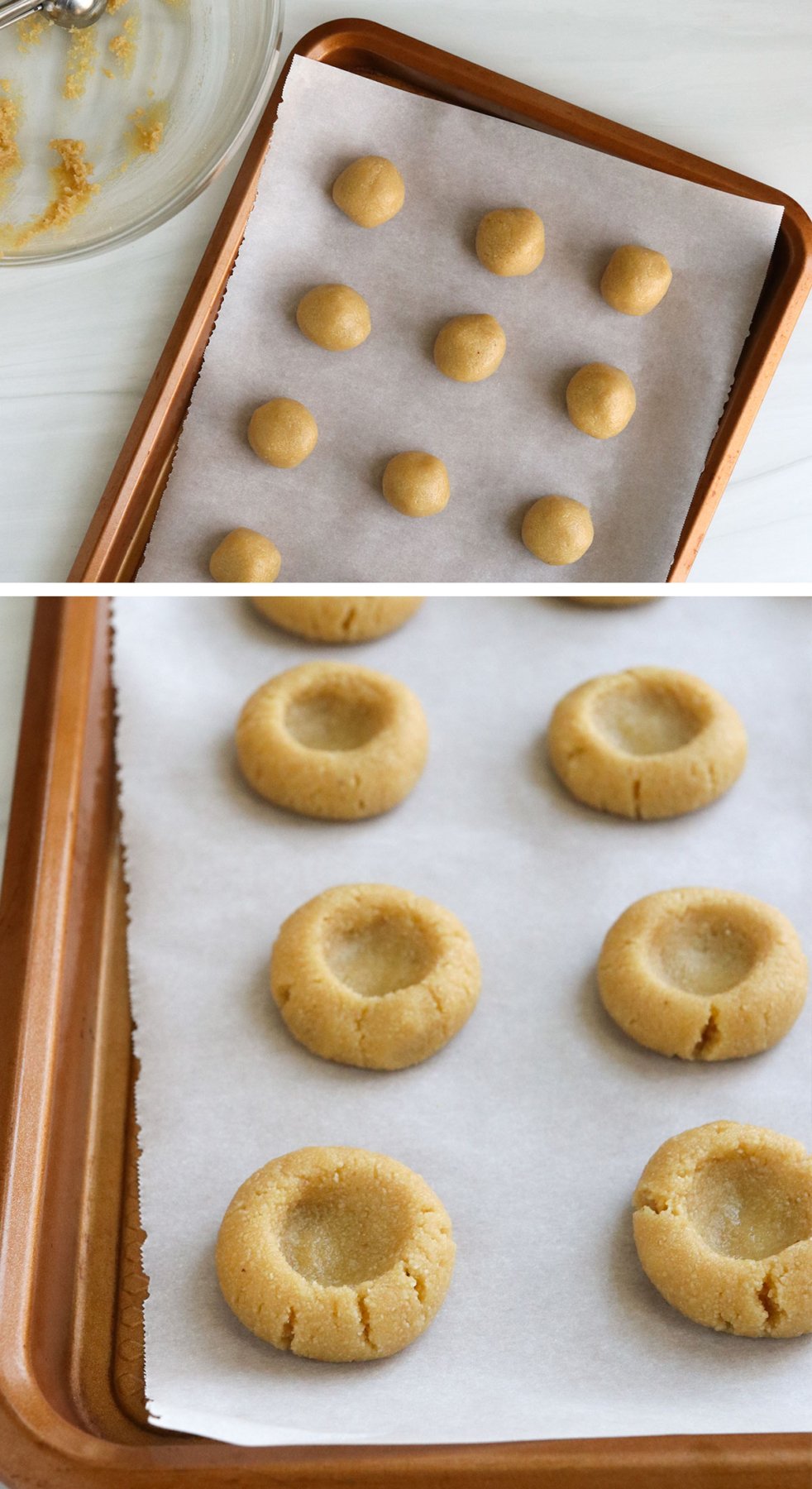 thumbprint cookie dough on a lined baking sheet before adding jam.