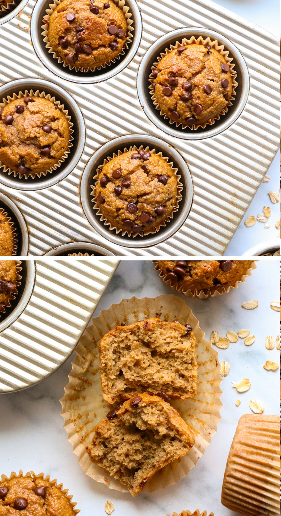 oatmeal banana muffins baked in a pan and ripped in half to show the texture. 