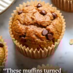 banana oatmeal muffin close up and labeled for Pinterest.