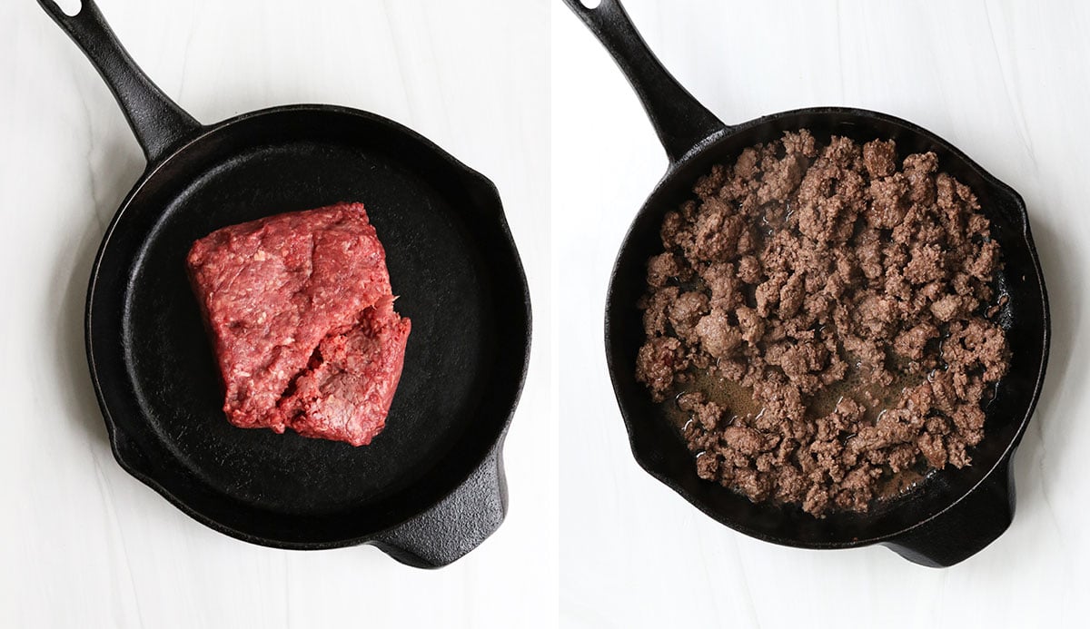 ground beef browned in a cast iron skillet.