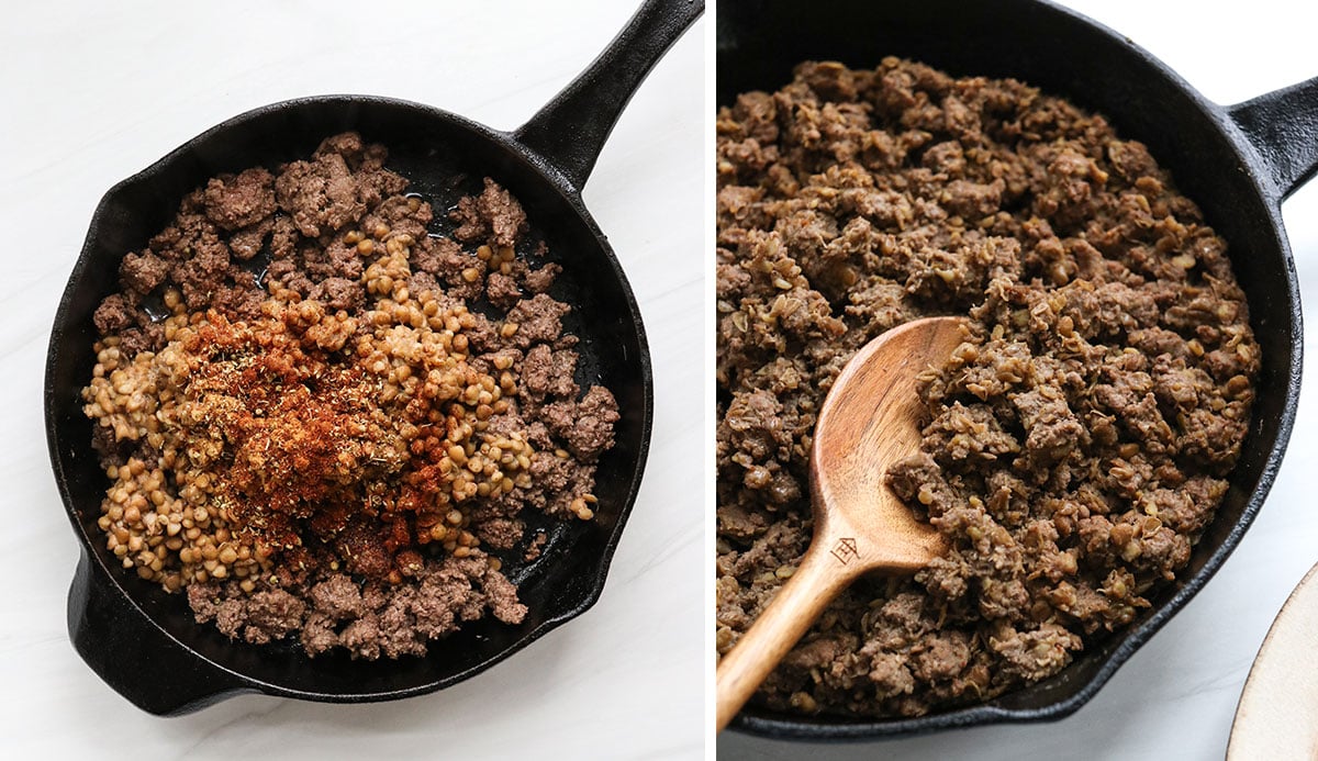 lentils and spices added to meat in skillet.