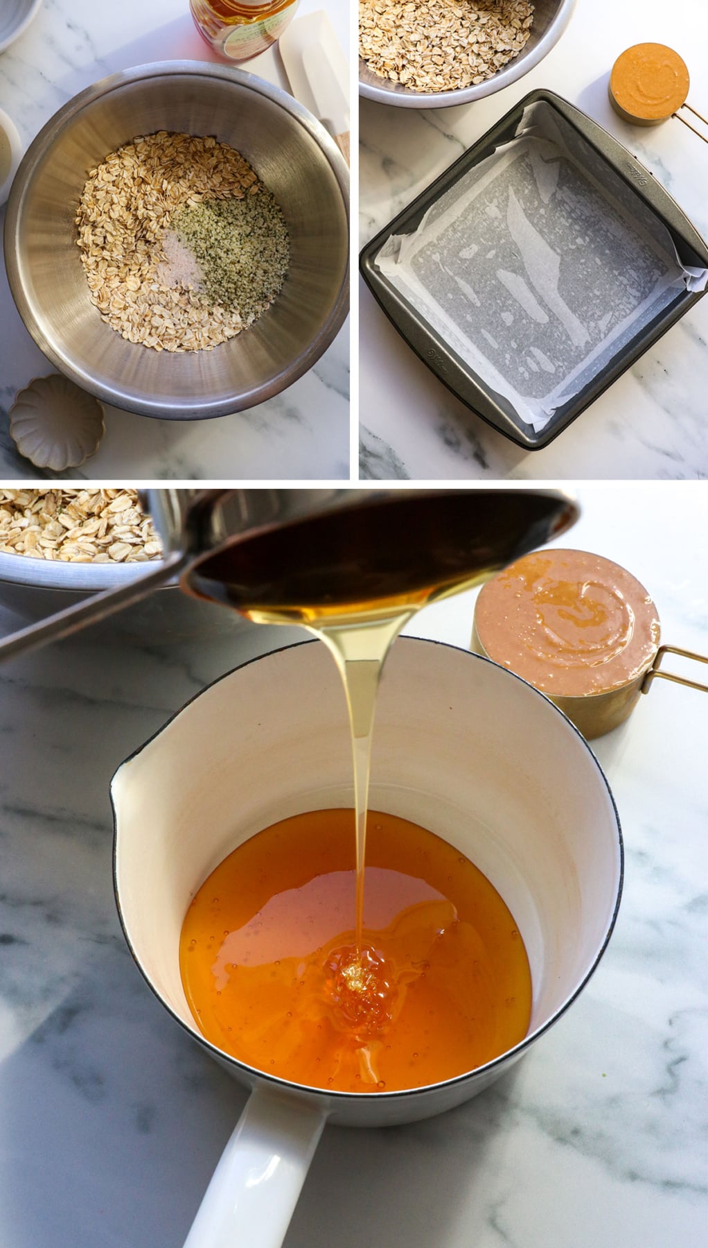 granola bars prepped with pan and honey. 
