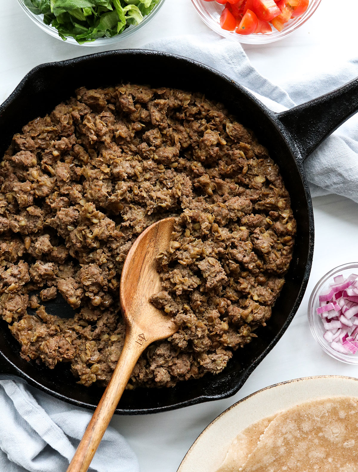 finished taco meat served in a skillet.