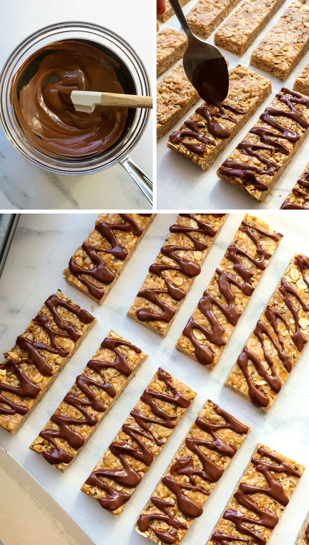 chocolate chips melted and added on top of granola bars. 