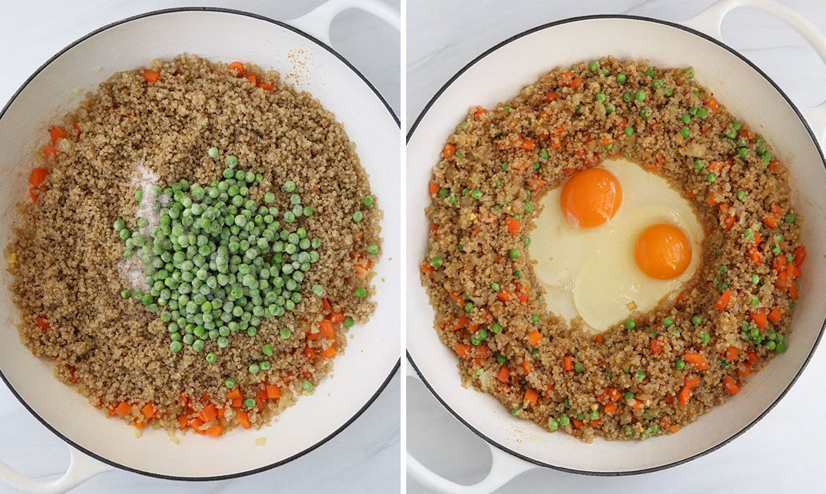 quinoa added to pan and a well made for eggs in the middle.