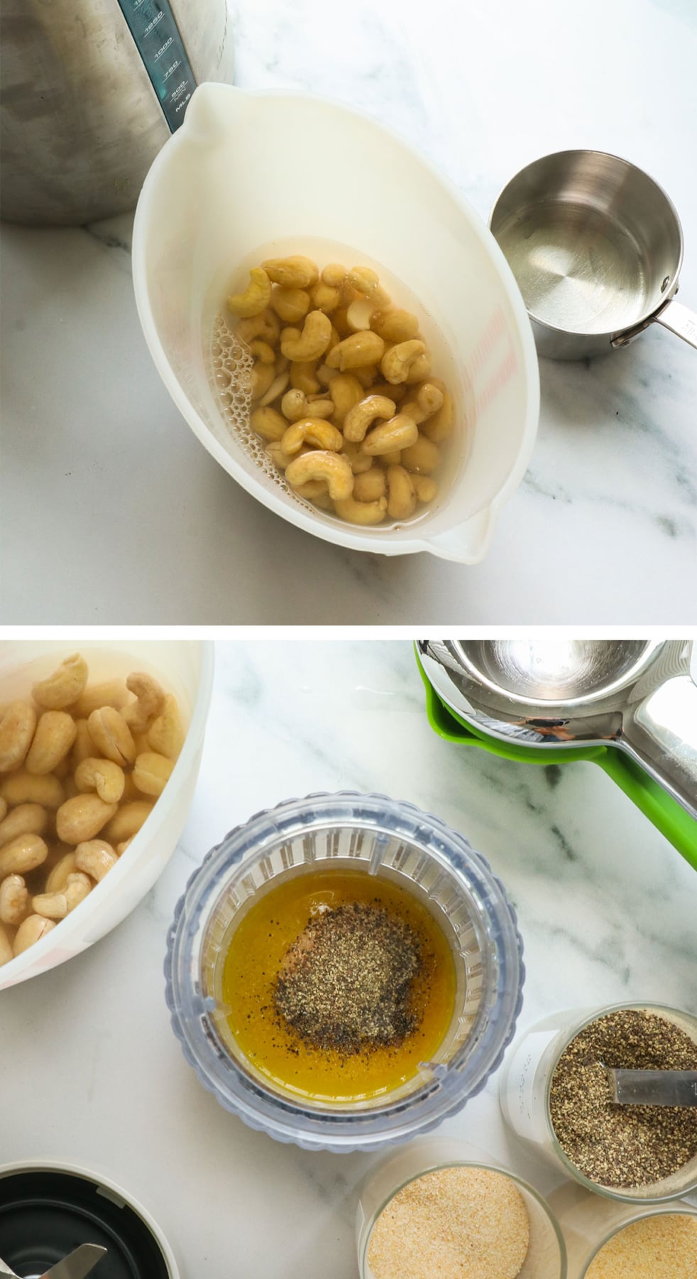 cashews soaked and spices added to a small blender.