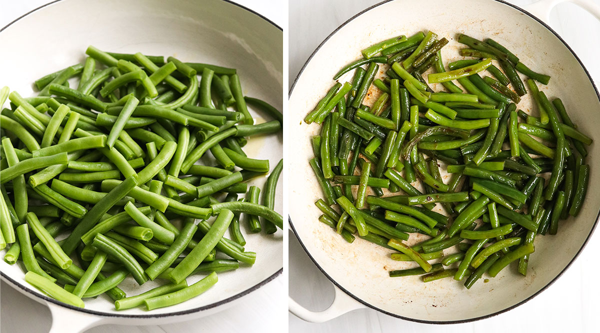green beans sauteed in white skillet.