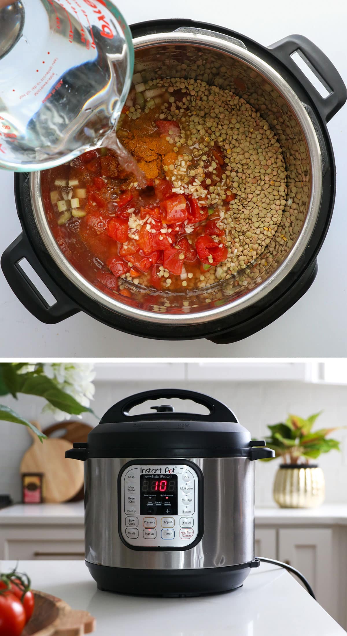 instant pot lentil soup ingredients added and the machine cooking.