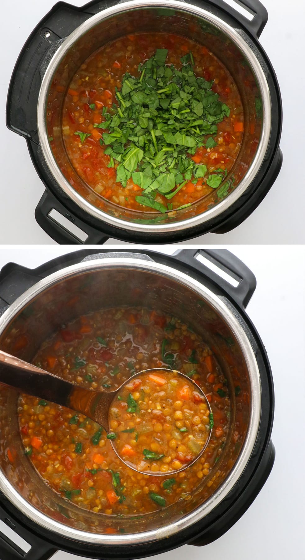spinach added to lentil soup and stirred with a ladle.